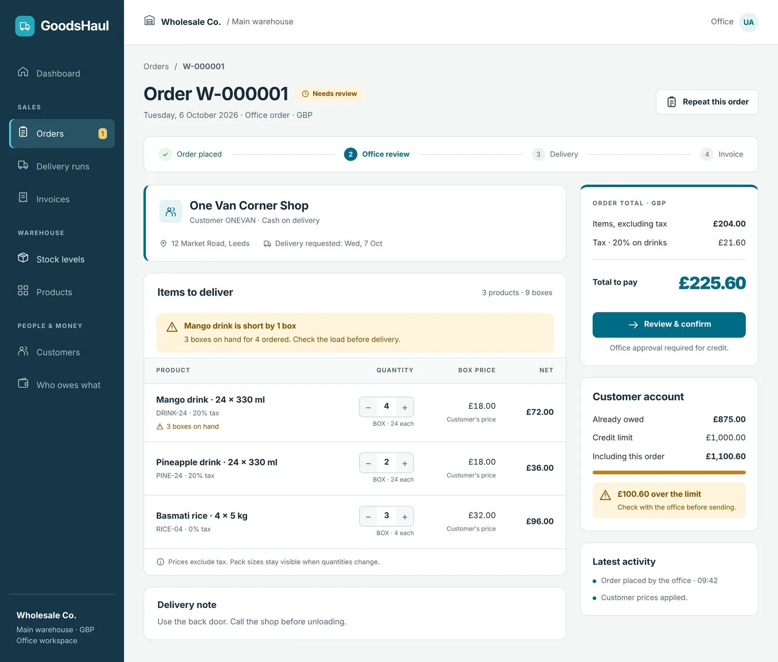 GoodsHaul order screen: an order awaiting office review, with a short-stock warning, the order total and the customer's credit position